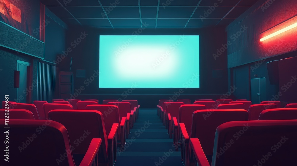 Modern and Stylish Empty Movie Theater Interior with Red Seats and Bright Projection Screen in a Darkened Atmosphere Ideal for Film Viewing Experience Modern and Stylish Empty Movie Theater Interior with Red Seats and Bright Projection Screen in a Darkened Atmosphere Ideal for Film Viewing Experience
