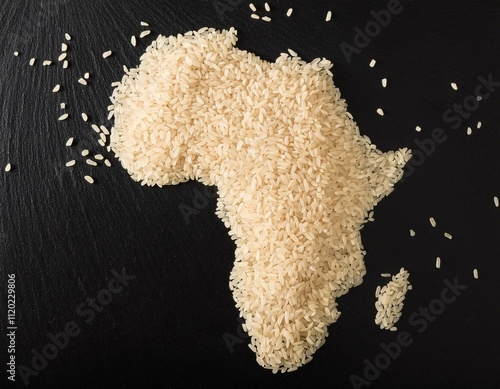 Africa Map Shaped with Rice on Slate Plate Highlighting Food Scarcity photo