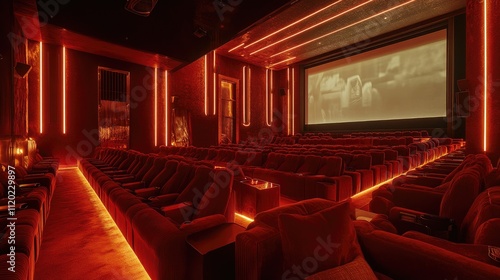 Modern cinematic interior featuring luxurious red seating, soft ambient lighting, and a large screen ready for an immersive viewing experience, perfect for cinephiles and film lovers photo