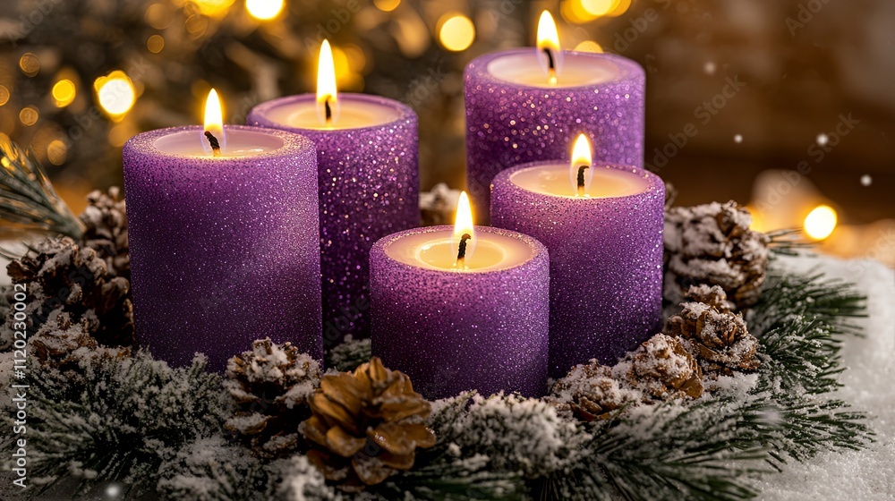 Purple Candles on Advent Wreath with Pine Branches and Snow Purple Candles on Advent Wreath with Pine Branches and Snow