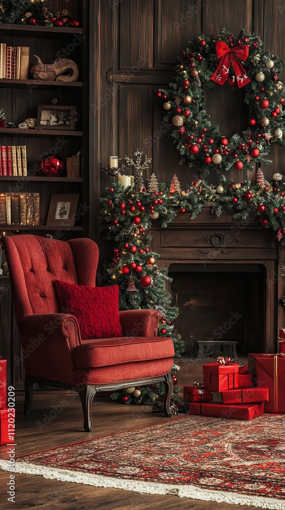 Cozy Christmas Living Room with Fireplace and Red Armchair Cozy Christmas Living Room with Fireplace and Red Armchair