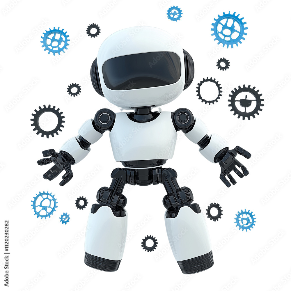 Cute Robot and Gears: A charming, cartoonish robot surrounded by spinning gears, symbolizing innovation, technology, and playful engineering. Perfect for children's content or tech-related projects. Cute Robot and Gears: A charming, cartoonish robot surrounded by spinning gears, symbolizing innovation, technology, and playful engineering. Perfect for children's content or tech-related projects.