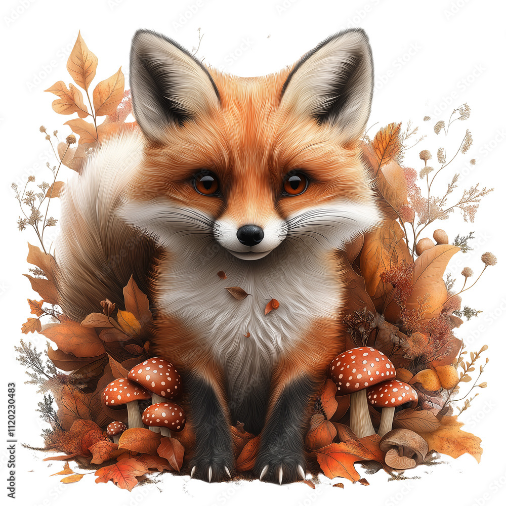 Obraz premium Autumn Fox in Forest: An adorable fox nestled amongst autumn leaves and mushrooms, creating a charming autumnal scene. isolate on white background