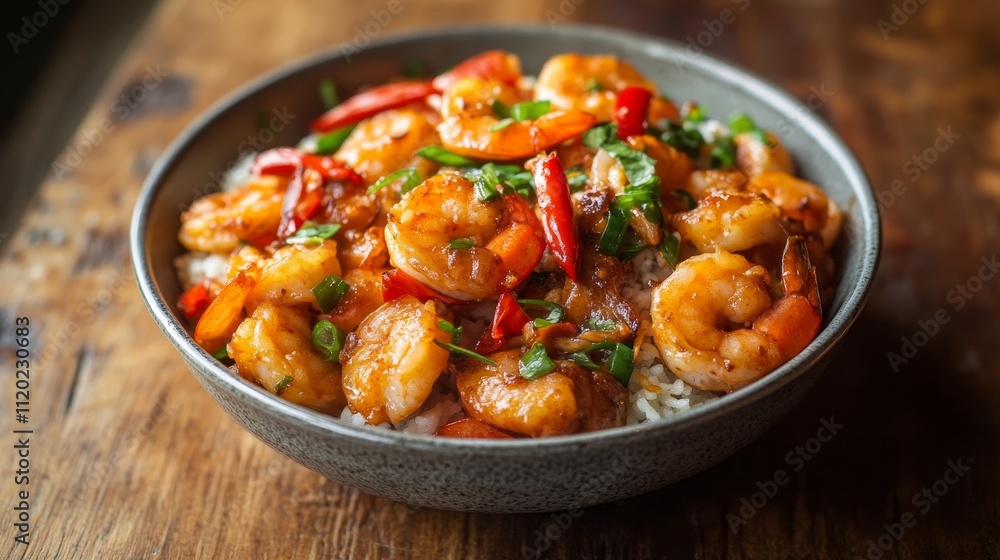 A delicious bowl of shrimp stir-fry served over rice, garnished with vegetables. A delicious bowl of shrimp stir-fry served over rice, garnished with vegetables.