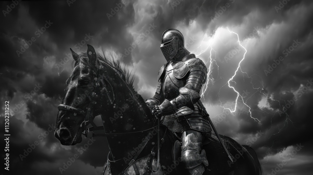 Battle-ready knight on horseback under stormy sky with lightning striking in the background Battle-ready knight on horseback under stormy sky with lightning striking in the background
