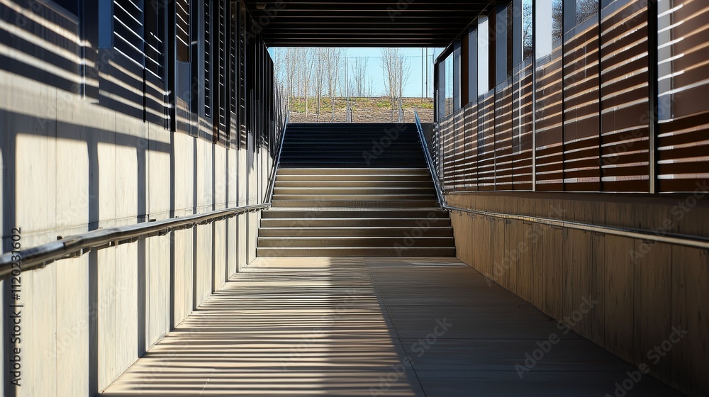 Fototapeta premium A modern corridor leading to stairs, illuminated by sunlight and casting long shadows.