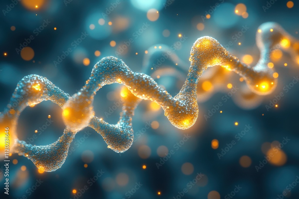 Abstract representation of a molecular structure, possibly DNA or RNA, with glowing elements. Abstract representation of a molecular structure, possibly DNA or RNA, with glowing elements.