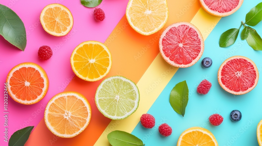Colorful citrus slices and berries on a vibrant background Colorful citrus slices and berries on a vibrant background