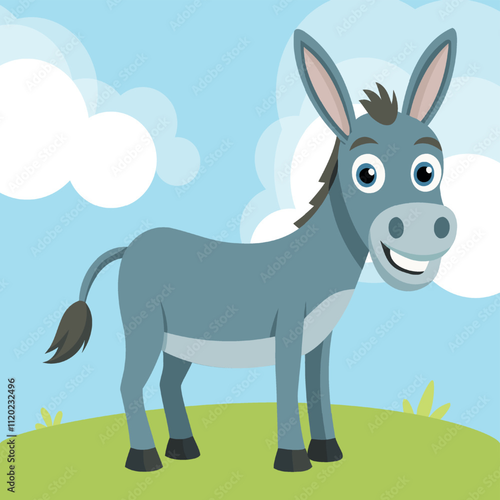 Funny Cartoon Donkey standing, Portrait of cute little mule. Donkey friend. Vector illustration. Cute cartoon mule or pony character design with flat color. Happy Farm Donkey. 