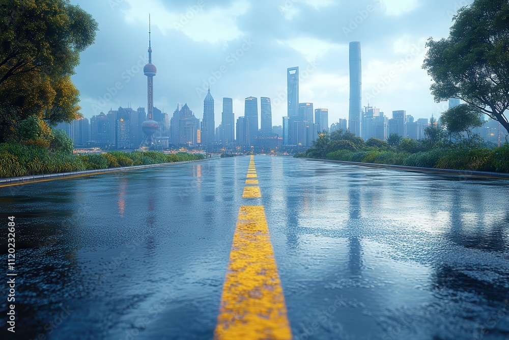 Fototapeta premium A rainy urban scene showcasing a city skyline with reflections on the wet road.
