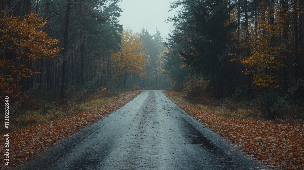Fototapeta premium Misty autumn road through a forest.