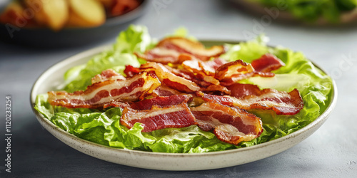 Bowl of Romaine Lettuce and Bacon Food with Copyspace Background, Fresh Salad with Crisp Lettuce and Savory Bacon Pieces in a Clean, Minimalist Setting