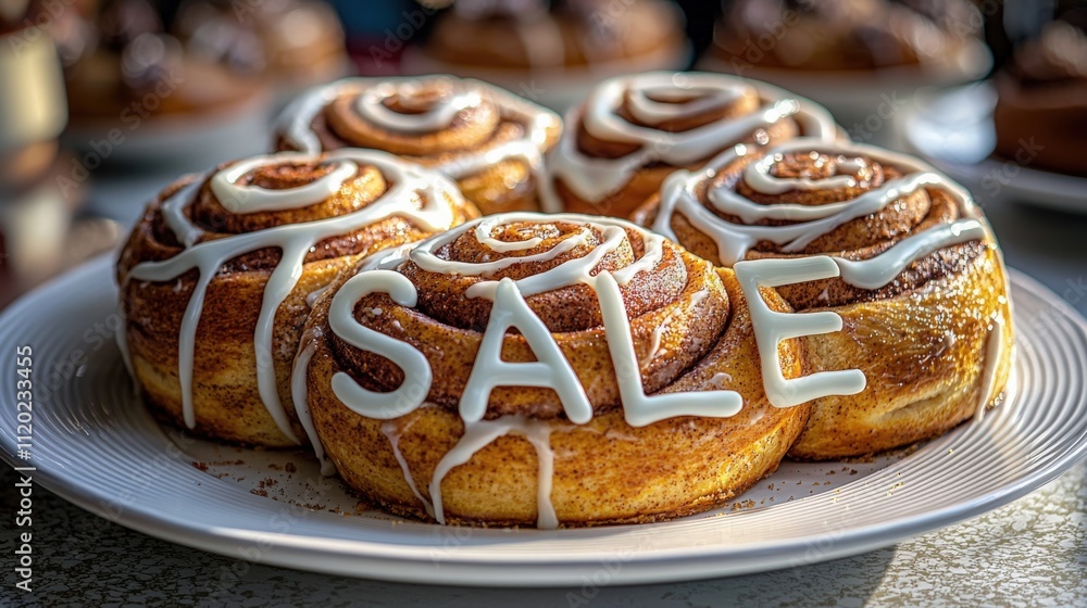 Freshly baked cinnamon rolls with sale sign displayed on a dessert platter Freshly baked cinnamon rolls with sale sign displayed on a dessert platter