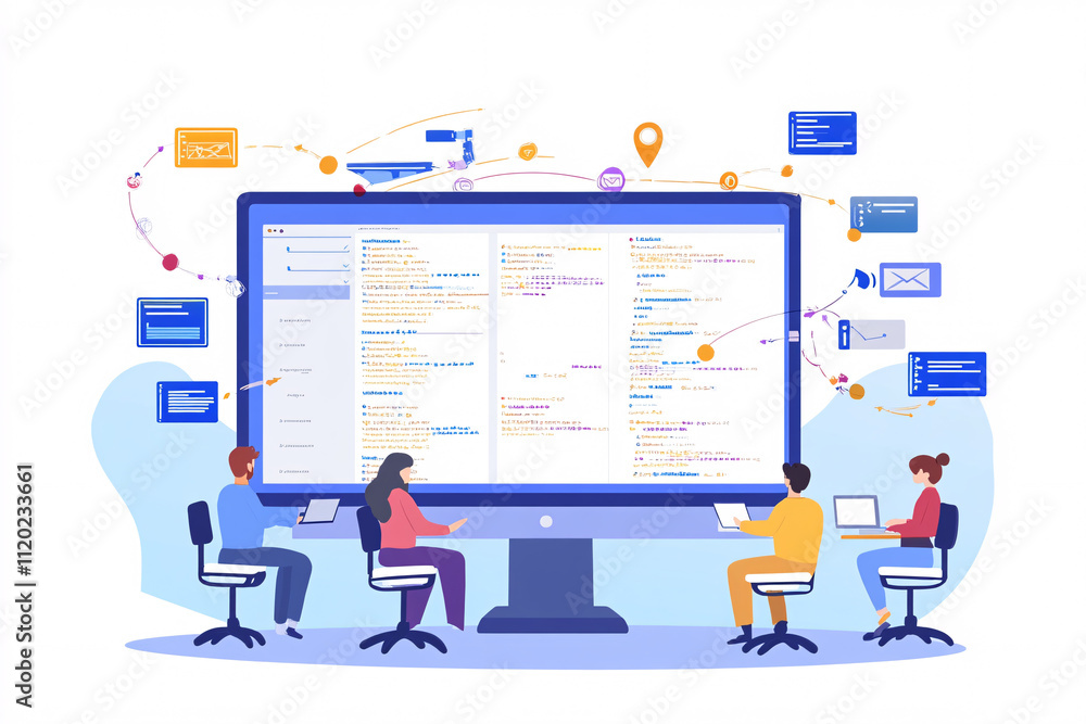 IT professionals working in collaboration on a project, with a large screen showing code and back-end and front-end tasks illustration IT professionals working in collaboration on a project, with a large screen showing code and back-end and front-end tasks illustration