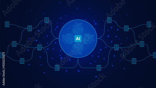 AI powered software concept with futuristic microchip and document connections. Digital technology to improve business management organizing information from large amounts of data