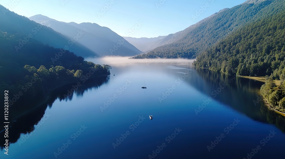Serene mountain lake at dawn, mist clinging to the water, reflec Serene mountain lake at dawn, mist clinging to the water, reflec
