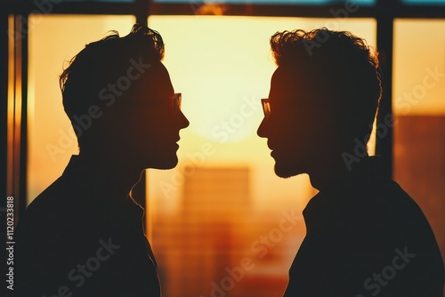 PNG Two men in sunglasses facing each other indoors. photo