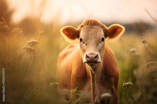 Calf grazing in sunny meadow with wildflowers