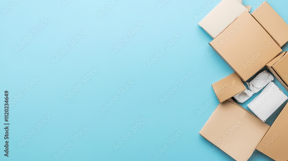 A collection of open cardboard boxes on a light blue background, suggesting packaging, shipping, or organization. A collection of open cardboard boxes on a light blue background, suggesting packaging, shipping, or organization.