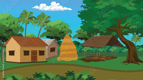 Rural landscape with field, trees, grass,dirt road,cottages,straw pile and a cowshed.Village house yard vector illustration for cartoon animation