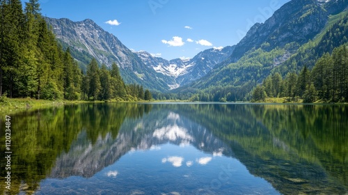 Serene mountain landscape reflecting in a calm lake under a clear blue sky.