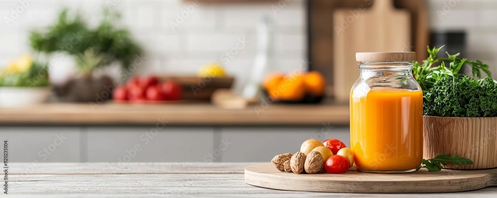 Exercise Holistic Diet Concept. Fresh juices and healthy snacks displayed in a modern kitchen setting. Exercise Holistic Diet Concept. Fresh juices and healthy snacks displayed in a modern kitchen setting.