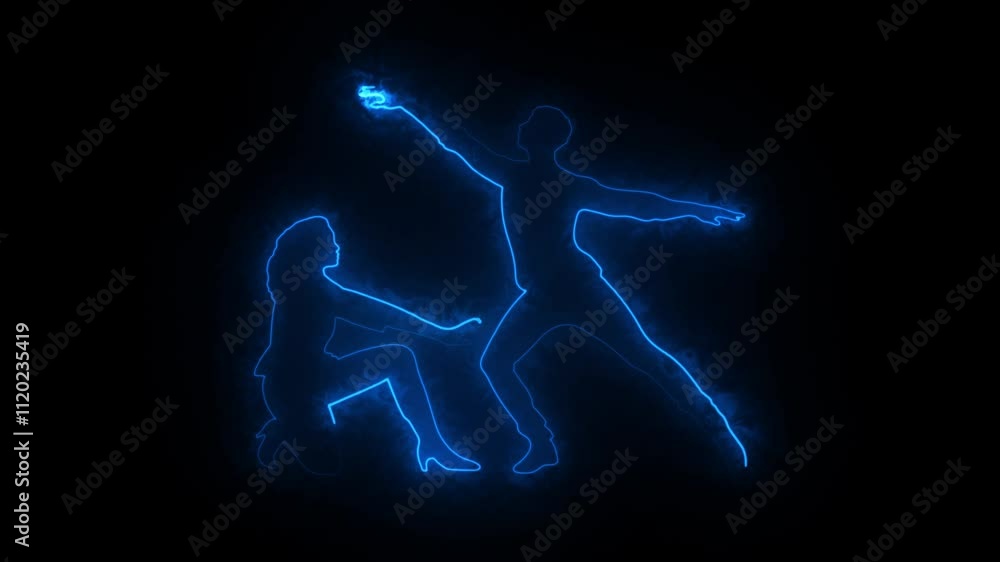 Neon silhouette of young ballerina dancing on black background. Glowing figure of female dancer. Dance, sport, active lifestyle, professional dancer. Laser neon logo Neon silhouette of young ballerina dancing on black background. Glowing figure of female dancer. Dance, sport, active lifestyle, professional dancer. Laser neon logo
