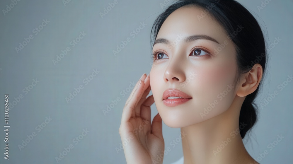 Young Woman with Clear Skin Gently Touches Her Face Young Woman with Clear Skin Gently Touches Her Face