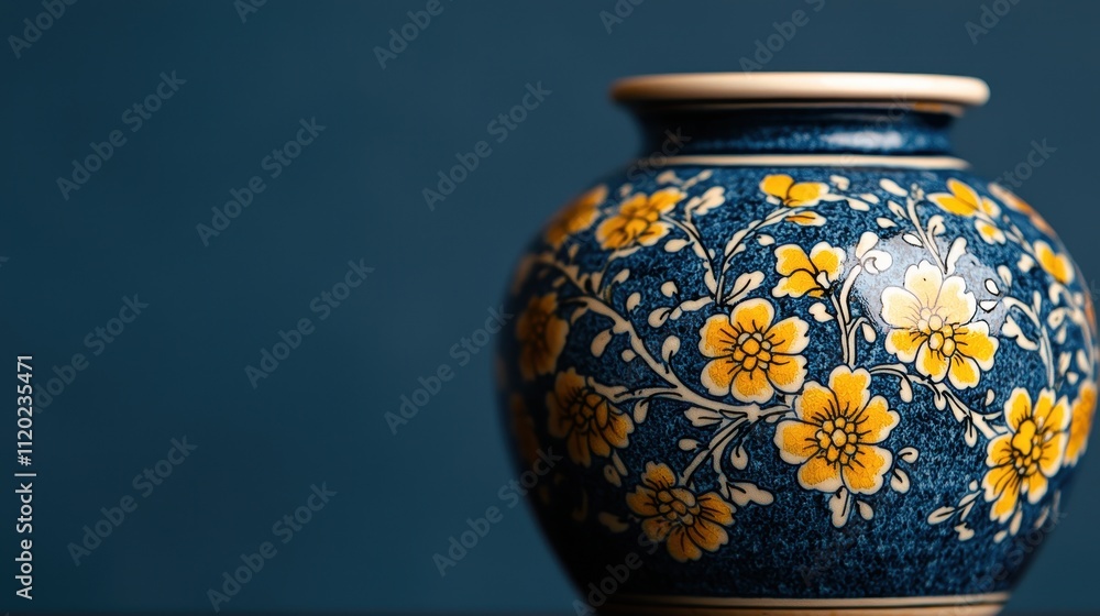 Ornate blue ceramic vase with yellow floral pattern against a dark blue background. Ornate blue ceramic vase with yellow floral pattern against a dark blue background.