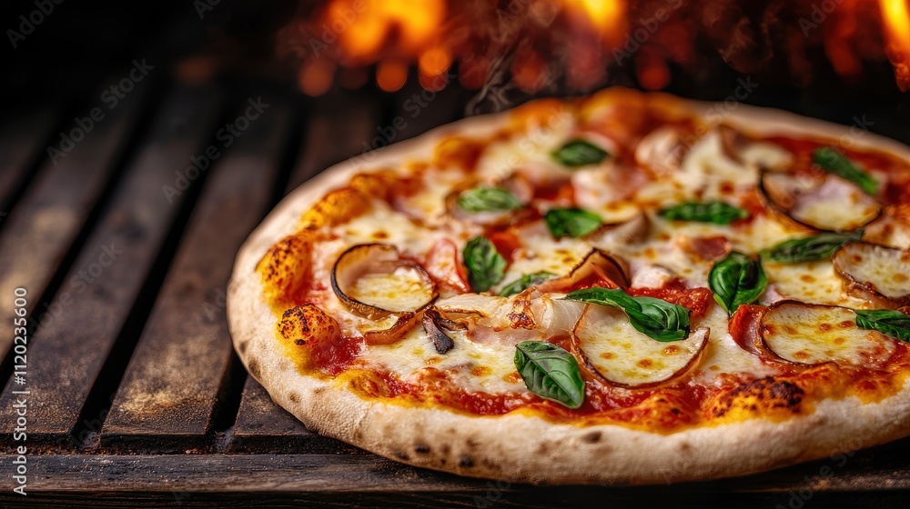 Hot, delicious wood-fired pizza with mozzarella, ham, mushrooms, and basil on rustic wooden surface. Hot, delicious wood-fired pizza with mozzarella, ham, mushrooms, and basil on rustic wooden surface.