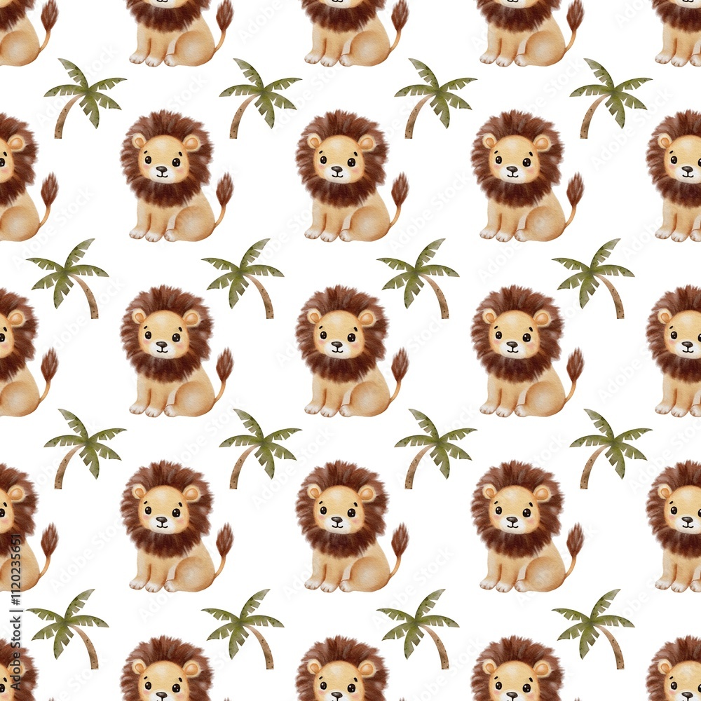 Obraz premium Watercolor pattern featuring playful lions and tropical palm trees in soft colors