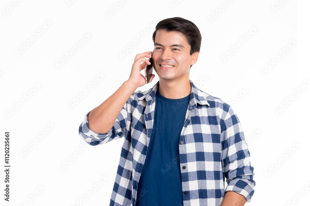 Smiling Young Man in Casual Blue Plaid Shirt Talking on Smartphone, Expressing Happiness and Connectivity in a Modern Studio Setting with a Clean White Background Smiling Young Man in Casual Blue Plaid Shirt Talking on Smartphone, Expressing Happiness and Connectivity in a Modern Studio Setting with a Clean White Background