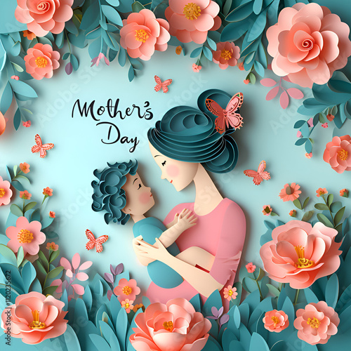 mother's day, illustration of a mother holding a baby in her arms on a blue background with flowers, bright floral background