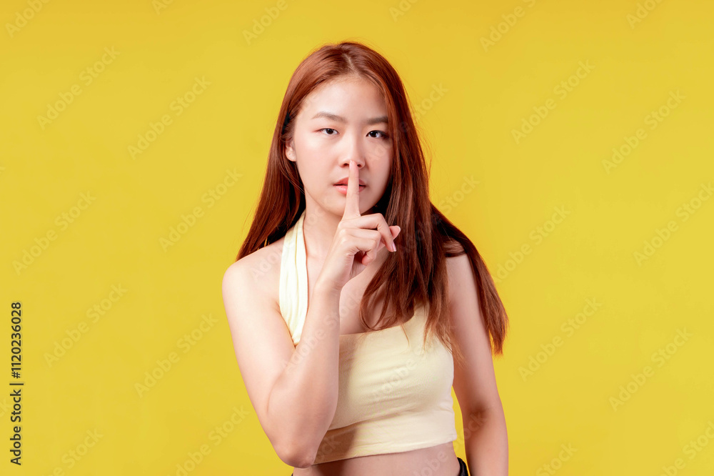 Portrait of a beautiful Asian young woman feel serious Bad mood angry keeps his finger in his mouth , making silence gesture isolated on yellow background Portrait of a beautiful Asian young woman feel serious Bad mood angry keeps his finger in his mouth , making silence gesture isolated on yellow background