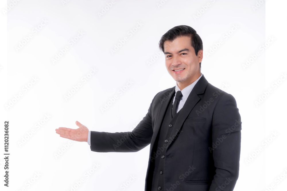 Professional Businessman in Formal Suit Smiling and Pointing Hand, Isolated on White Background, Business Presentation Corporate Concept Professional Businessman in Formal Suit Smiling and Pointing Hand, Isolated on White Background, Business Presentation Corporate Concept