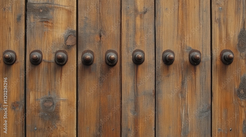 A row of perfectly aligned nails hammered into a fence plank, highlighting craftsmanship A row of perfectly aligned nails hammered into a fence plank, highlighting craftsmanship