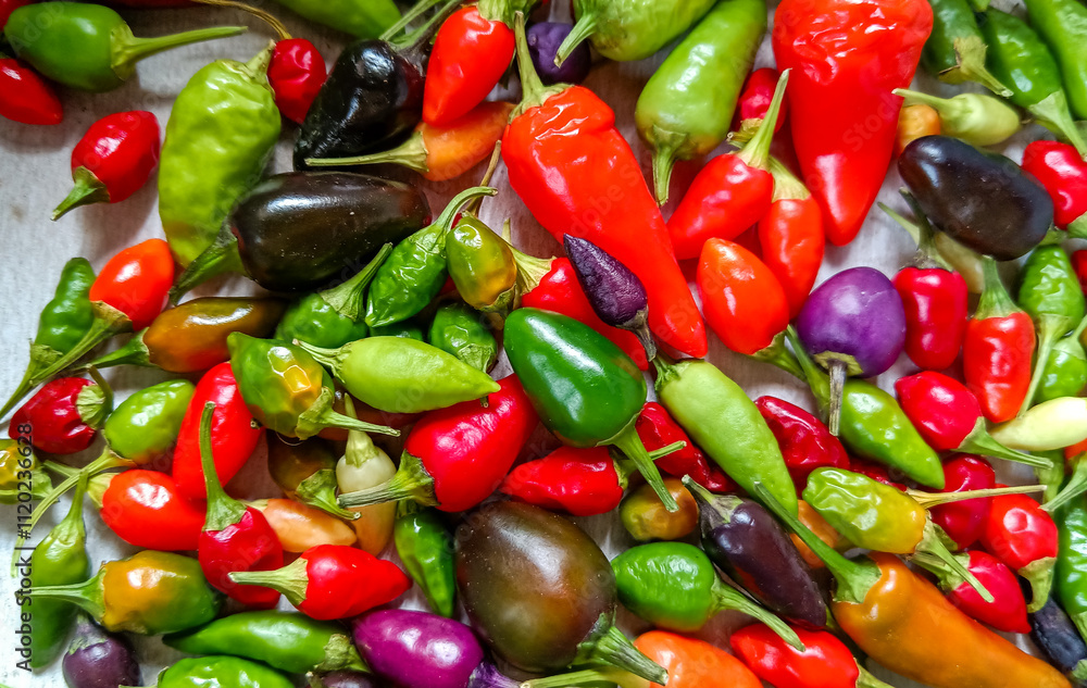Different colored ripe fruits of different varieties of hot pepper grown in Ukraine Different colored ripe fruits of different varieties of hot pepper grown in Ukraine