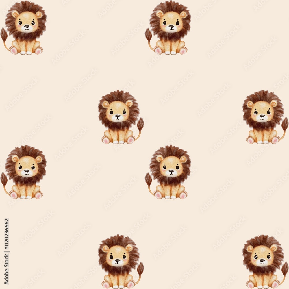 Fototapeta premium Playful watercolor lions on a soft beige background showcase colorful artistry and charm