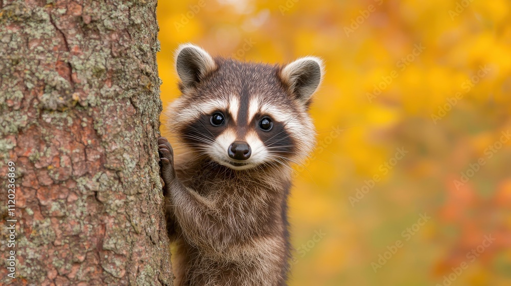 Adorable raccoon clinging to a tree trunk in autumnal setting. Adorable raccoon clinging to a tree trunk in autumnal setting.