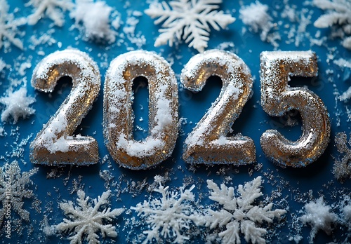 Number "Happy New Year 2025" with Snow on It.