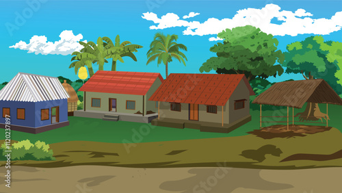 Countryside house yard vector beside a road sorrounded by trees and grasses.Village background vector 