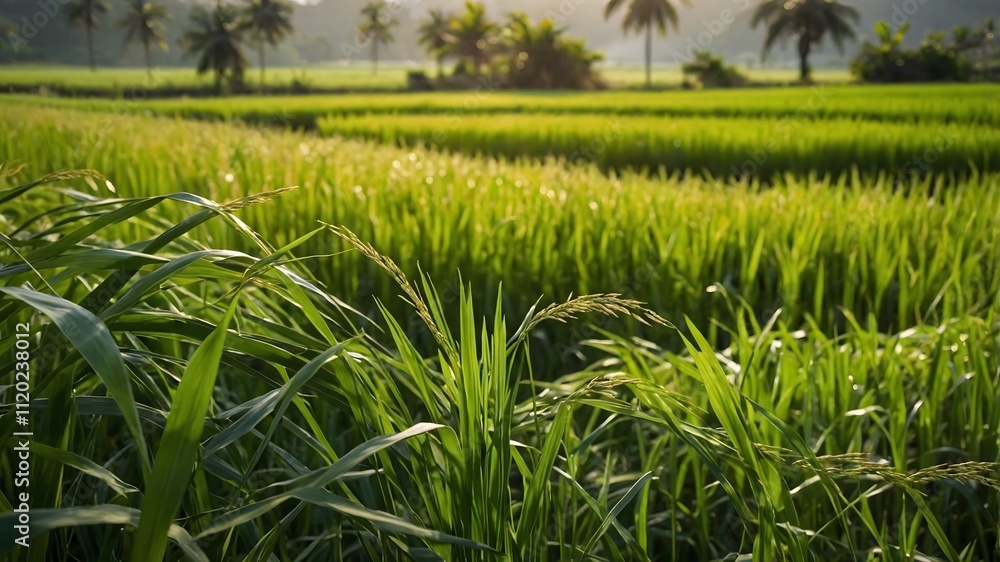 Lush green paddy field background Lush green paddy field background