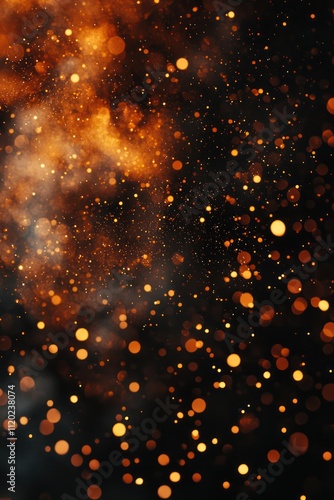 Reiteration of fire embers particles over a black background, creating an abstract light effect.