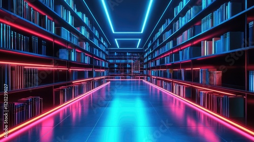 A glowing online library with digital bookshelves and search functionality
