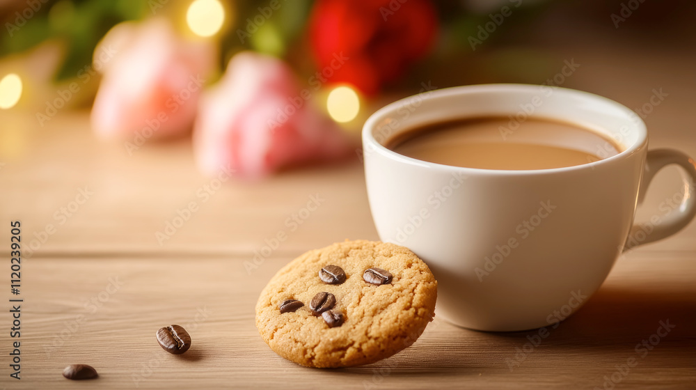 Enjoying a tranquil coffee break with a warm cup and a delicious cookie on a wooden table surrounded by gentle floral accents in soft light Enjoying a tranquil coffee break with a warm cup and a delicious cookie on a wooden table surrounded by gentle floral accents in soft light