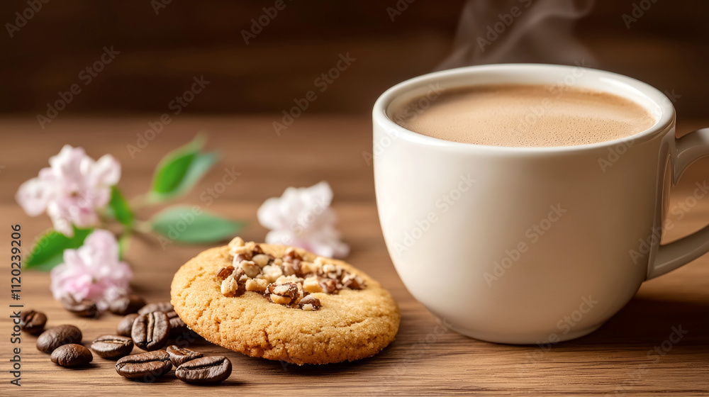 Indulging in a cozy moment with coffee and cookie on a warm wooden table illuminated by soft light Indulging in a cozy moment with coffee and cookie on a warm wooden table illuminated by soft light