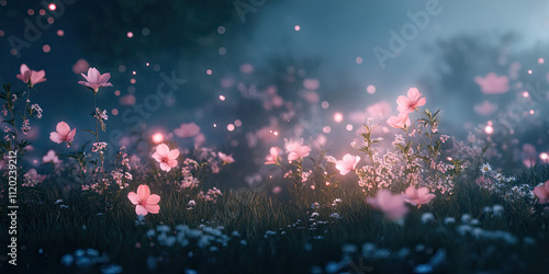 Dreamy Glowing Meadow Cherry Blossoms Night Background, Serene Nighttime Scene with Illuminated Cherry Blossoms in a Meadow