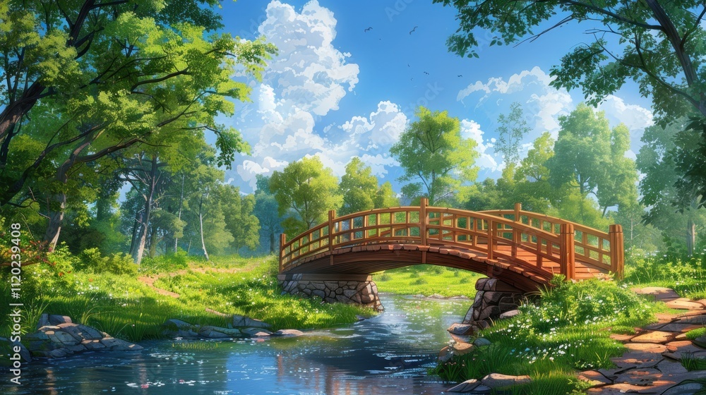 Idyllic summer scene wooden bridge over calm stream in lush green forest. Idyllic summer scene wooden bridge over calm stream in lush green forest.