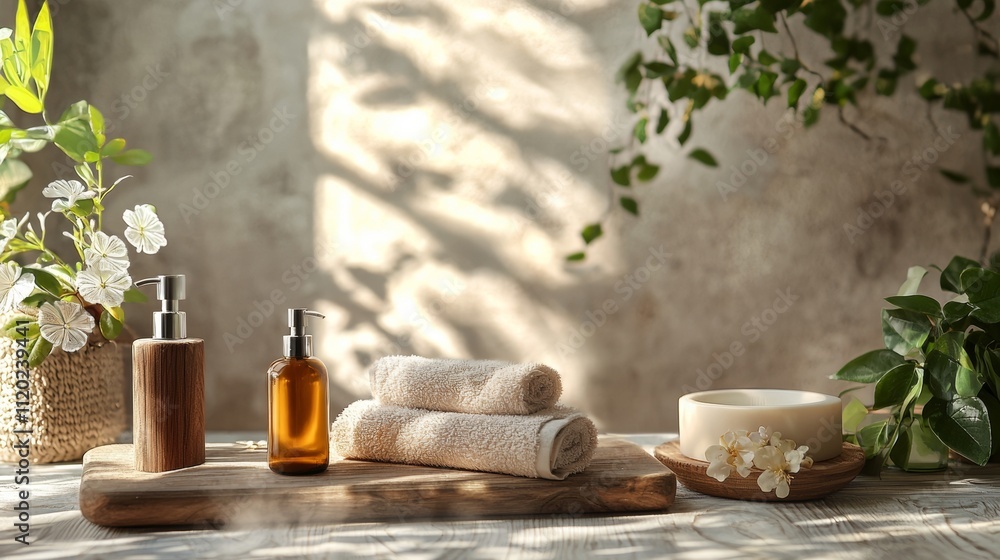 Spa essentials with natural lighting and fresh greenery Spa essentials with natural lighting and fresh greenery