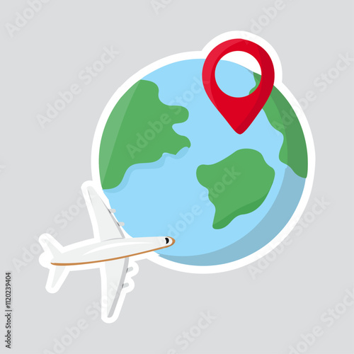 Plane Flying Over the World Vector Illustration Sticker. An airplane flying above a globe, symbolizing global travel and exploration. Perfect for wanderlust, adventure, and travel designs